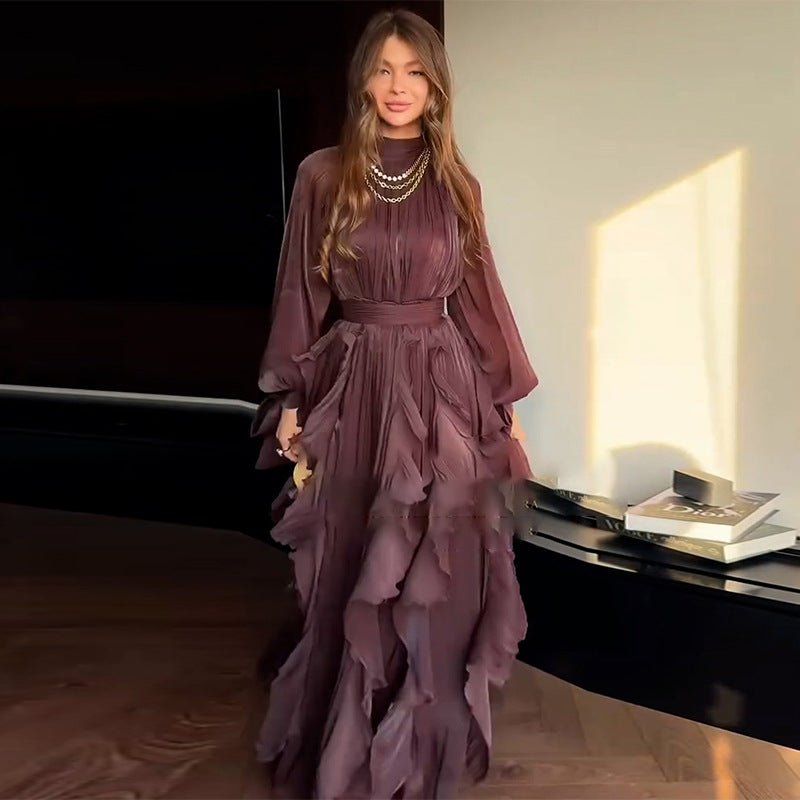 Cascading Ruffle Gown | High Neck Tie - Waist Maxi Dress(MS231) - Mariam's Collection