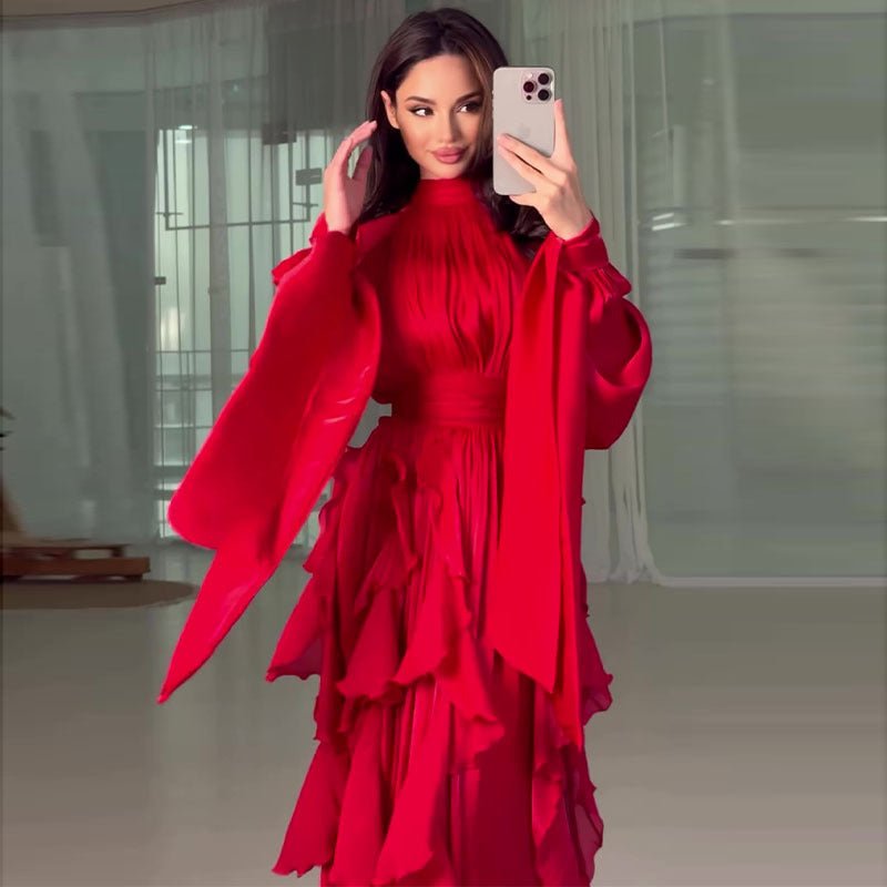 Cascading Ruffle Gown | High Neck Tie - Waist Maxi Dress(MS231) - Mariam's Collection