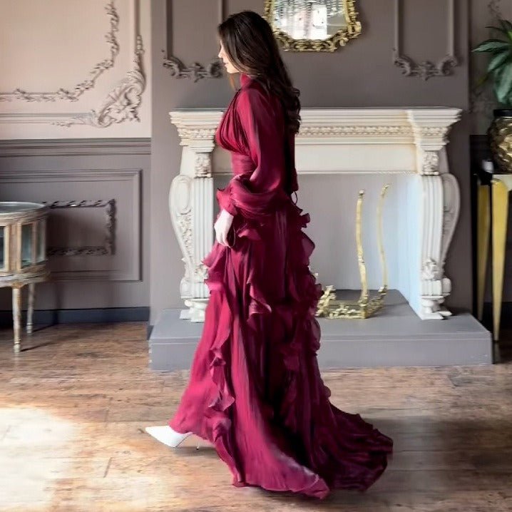 Cascading Ruffle Gown | High Neck Tie - Waist Maxi Dress(MS231) - Mariam's Collection
