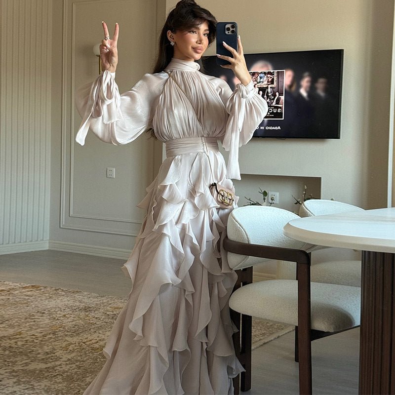 Cascading Ruffle Gown | High Neck Tie - Waist Maxi Dress(MS231) - Mariam's Collection