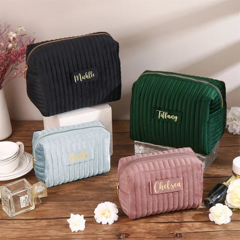 Checkered Velvet Cosmetic Case Multi - Functional Travel Organizer Toiletry Bag (MAC268) - Mariam's Collection