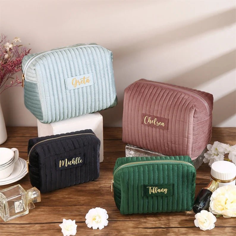Checkered Velvet Cosmetic Case Multi - Functional Travel Organizer Toiletry Bag (MAC268) - Mariam's Collection