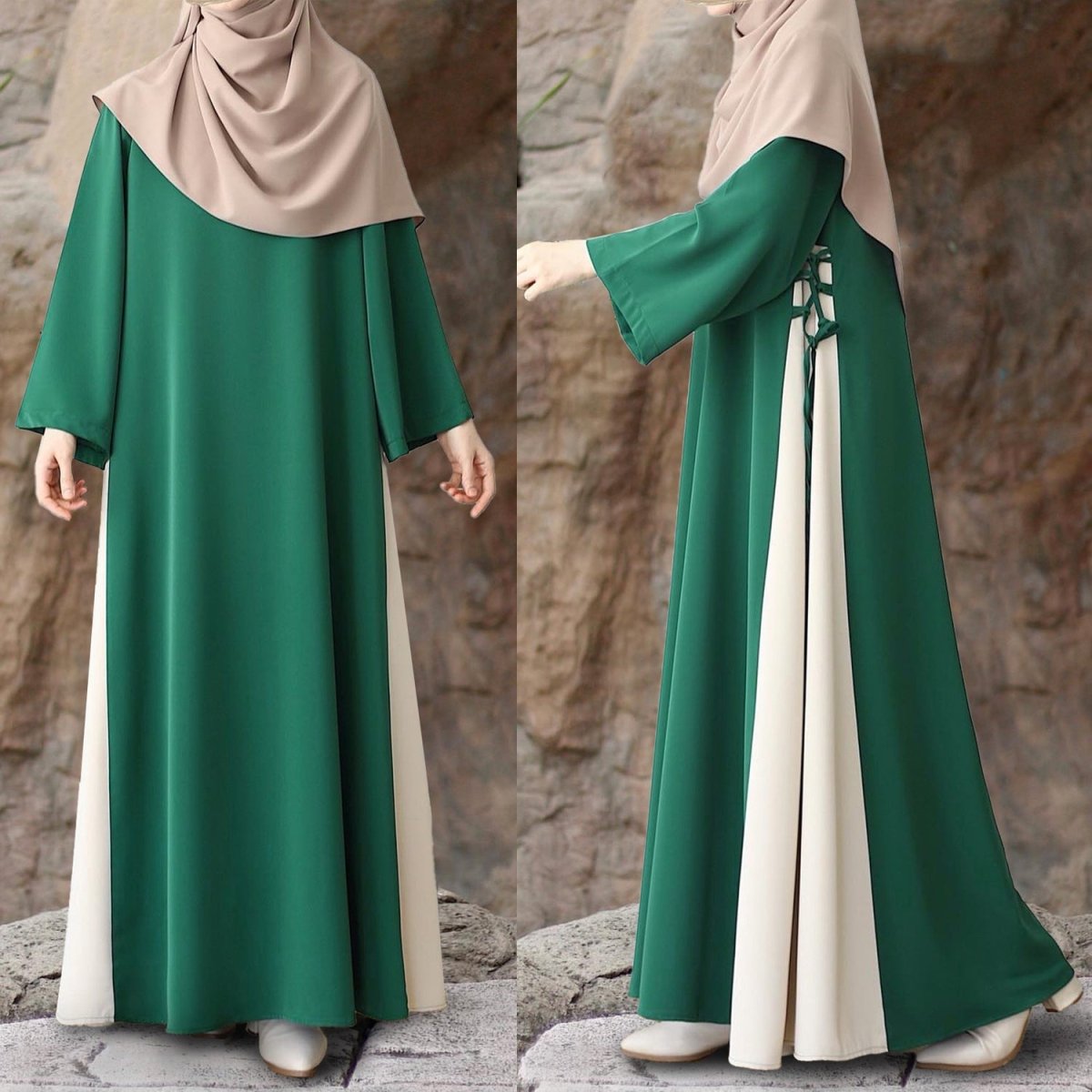 Colorblock Side - Tie Abaya | Two - Tone Round Neck Maxi Dress(MA362) - Mariam's Collection