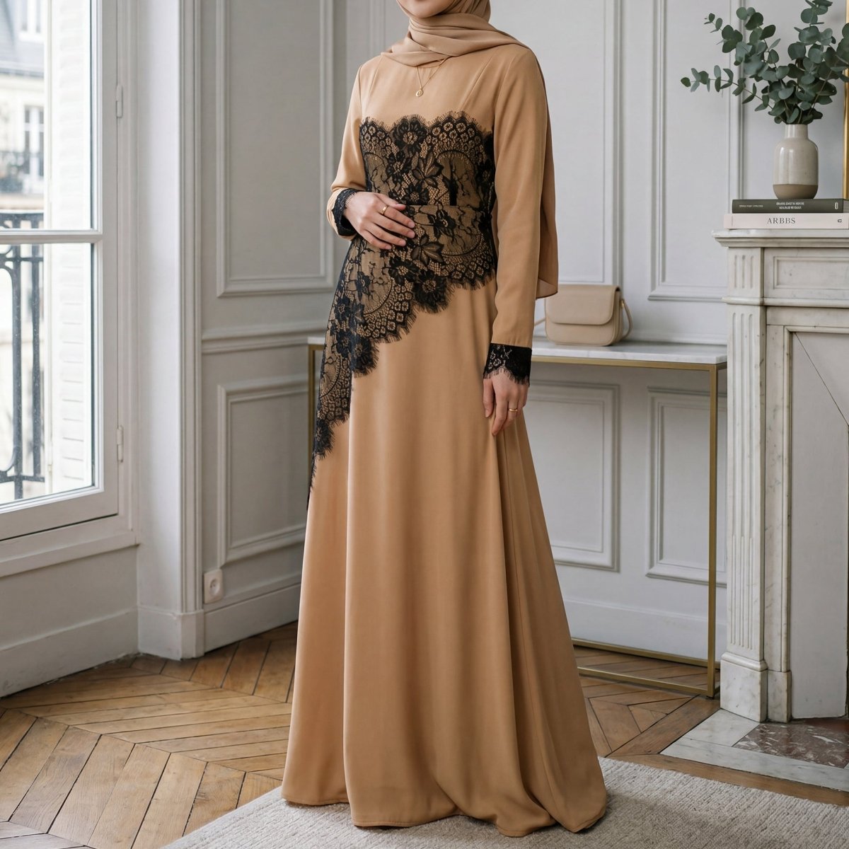 Close-up of floral black lace fringe cuffs on long sleeve modest dress