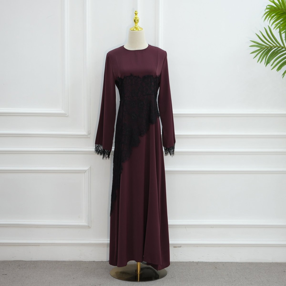 Model wearing contrast lace maxi dress showing full sleeve and neckline