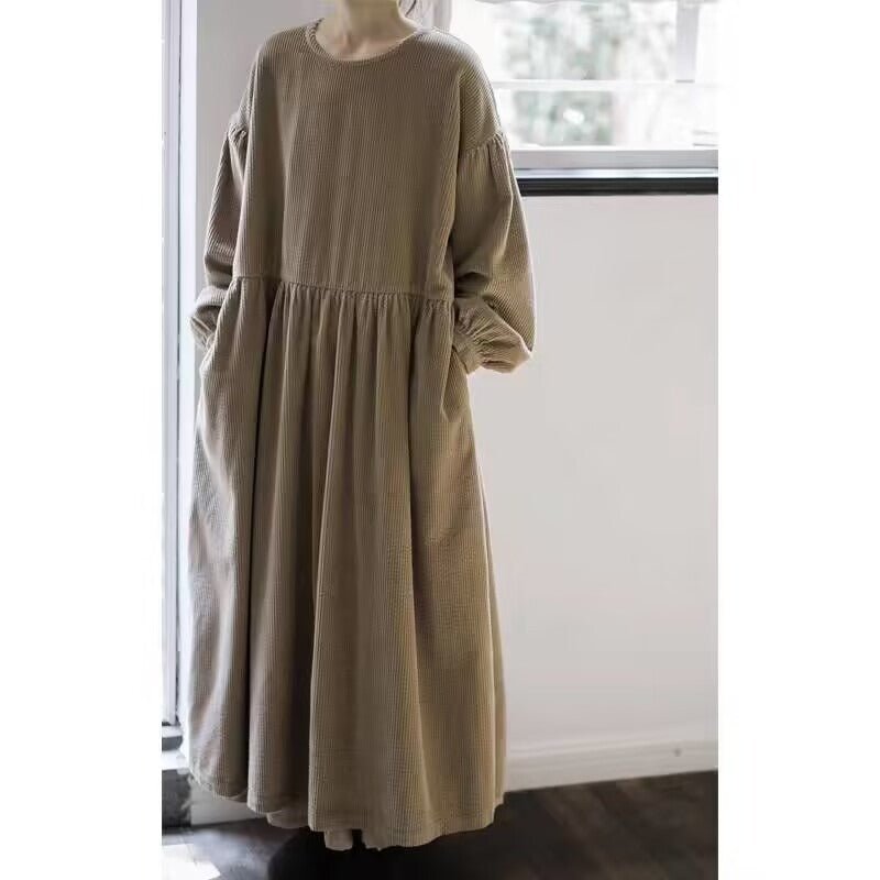Corduroy Bubble Sleeve Maxi Dress with Pockets | Vintage Soft Corduroy Winter Dress