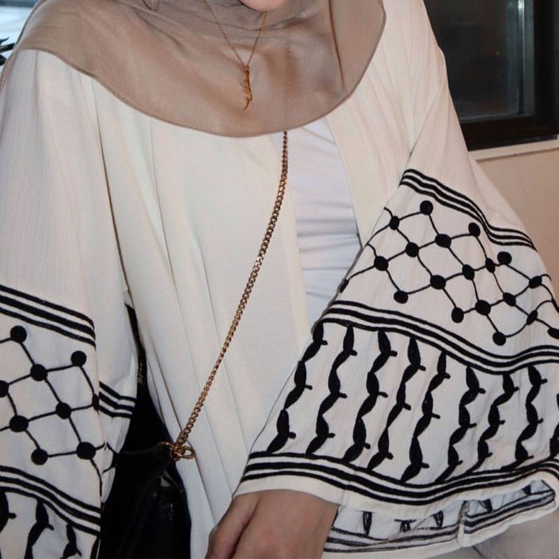 Cotton Linen Embroidered Sleeve Cardigan | Open Front Abaya with Geometric Pattern Sleeves(MOA238) - Mariam's Collection
