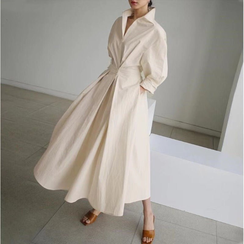Cotton Linen Polo Collar Long Sleeve Maxi Dress(MS116) - Mariam's Collection