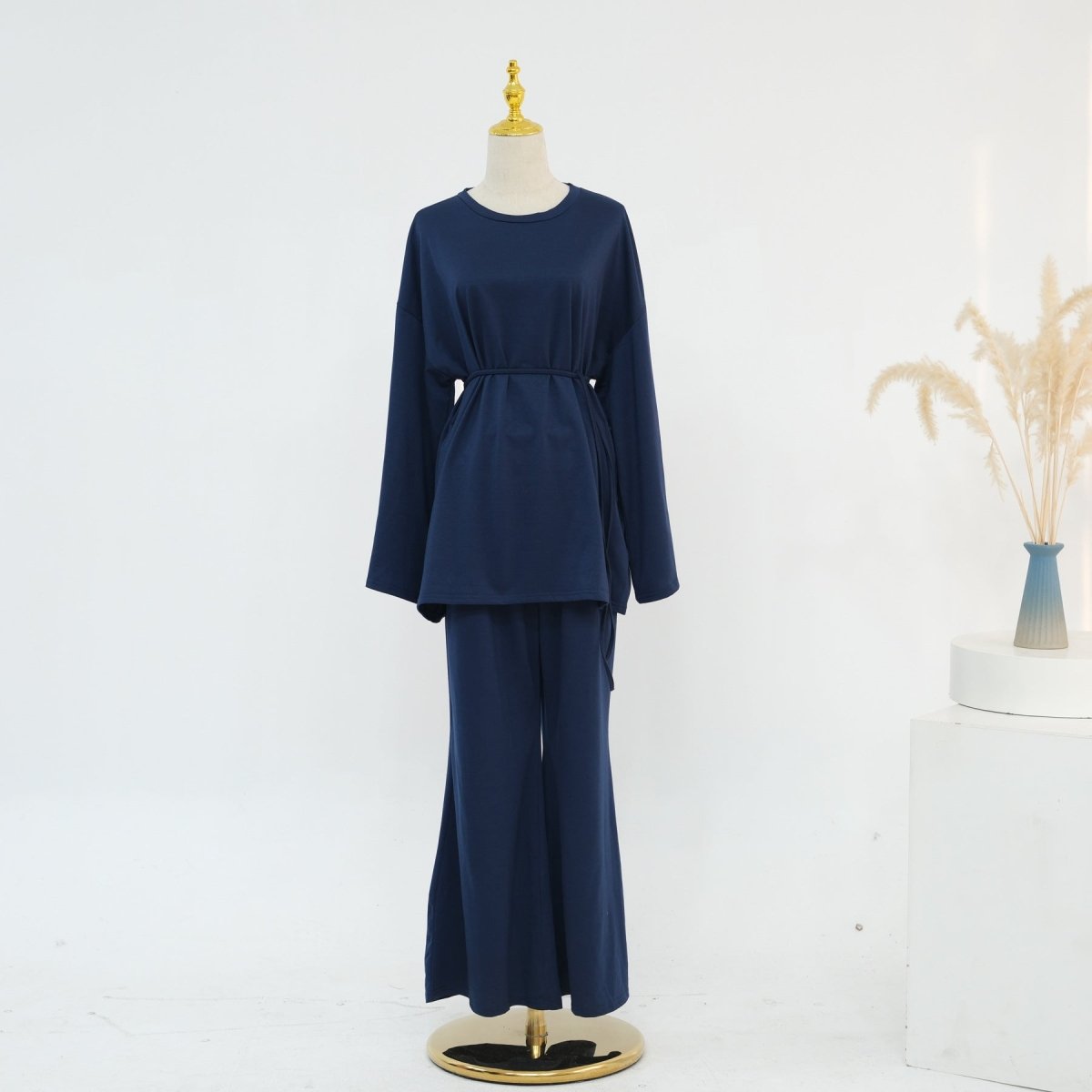 Cotton Two - Piece Set | Belted Tunic Top & Pants(MS279) - Mariam's Collection