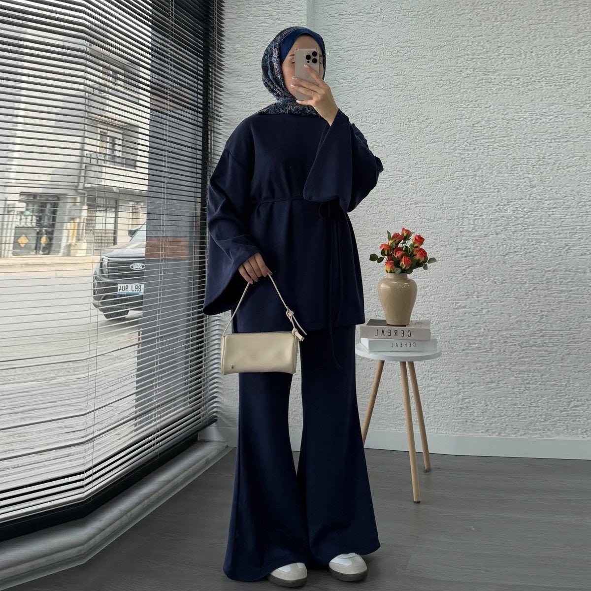 Cotton Two - Piece Set | Belted Tunic Top & Pants(MS279) - Mariam's Collection