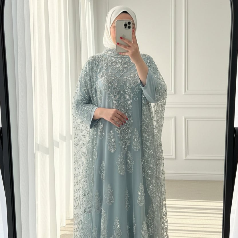 Crystal Beaded Cape Overlay Abaya Set(MA427) - Mariam's Collection