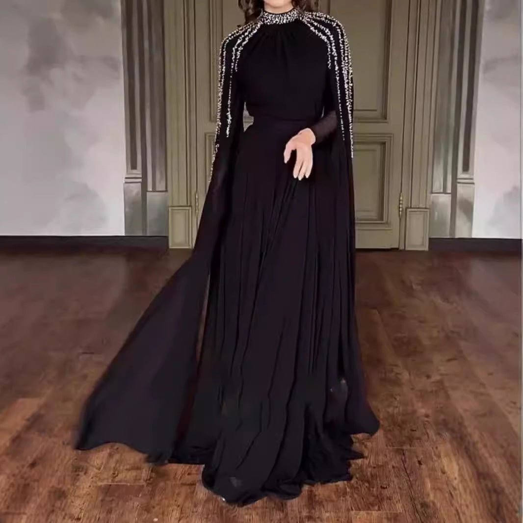 Crystal Cascade Cape Gown | Dramatic Embellished Evening Abay(MA345) - Mariam's Collection