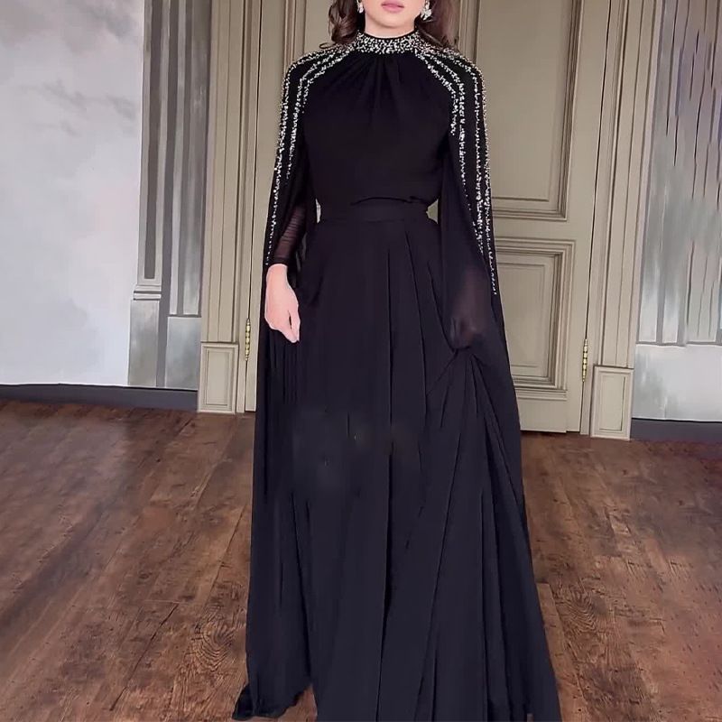 Crystal Cascade Cape Gown | Dramatic Embellished Evening Abay(MA345) - Mariam's Collection