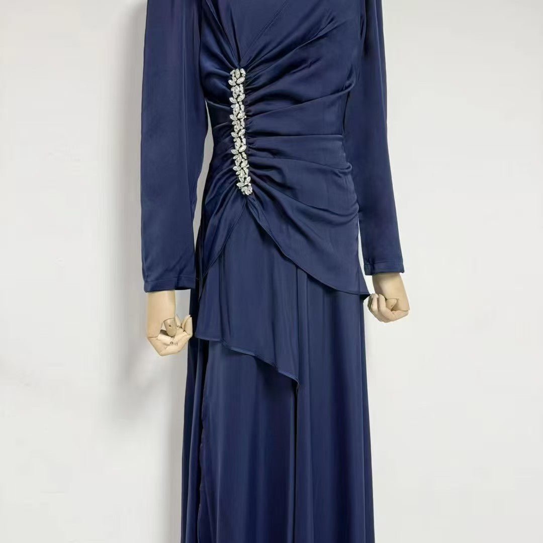 Fitted long sleeve detail on crystal ruched formal gown