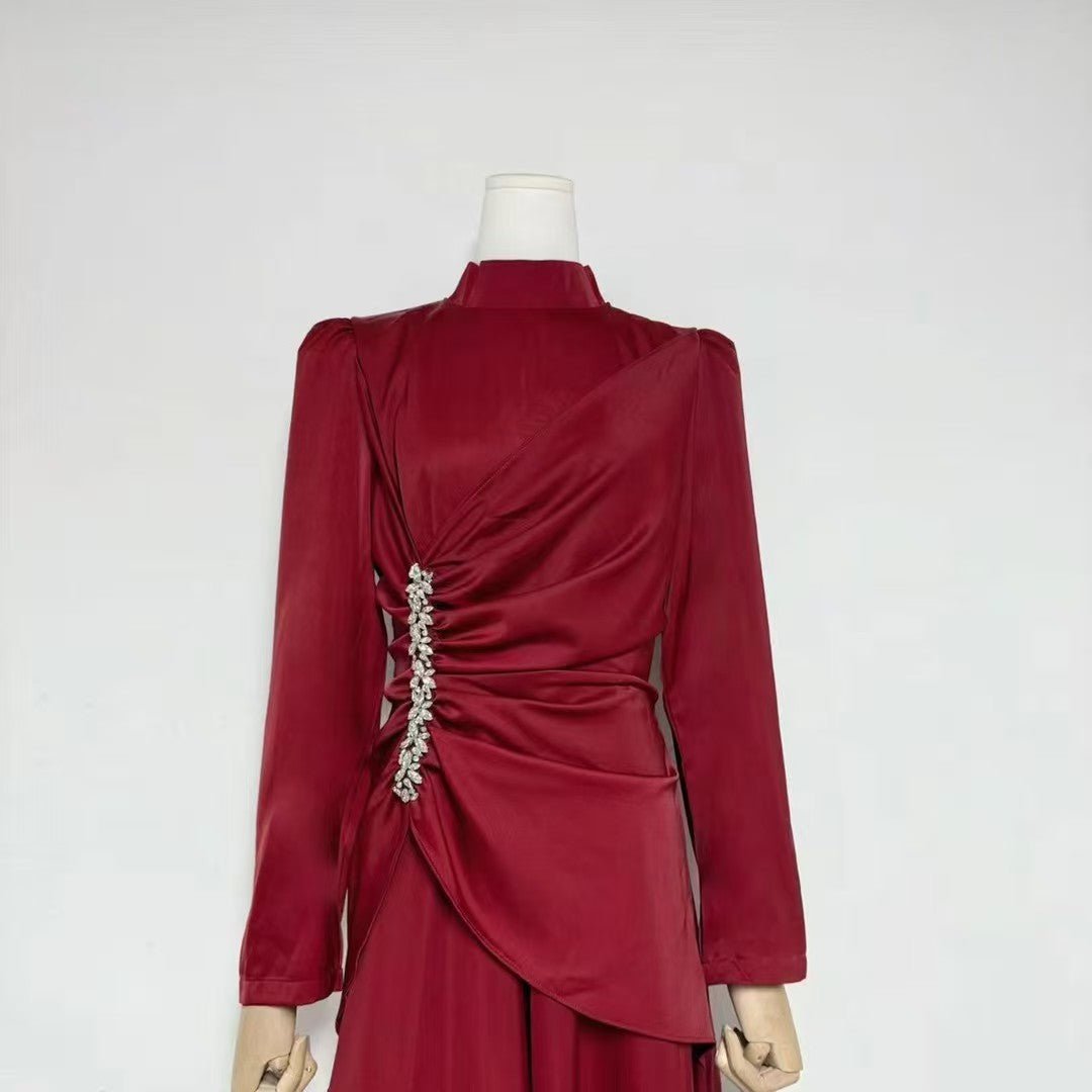 Tiered asymmetric ruffle skirt panels in flowing satin fabric