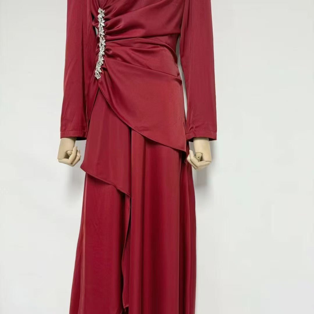 Side profile showing diagonal ruched gathering with crystal rhinestone detail