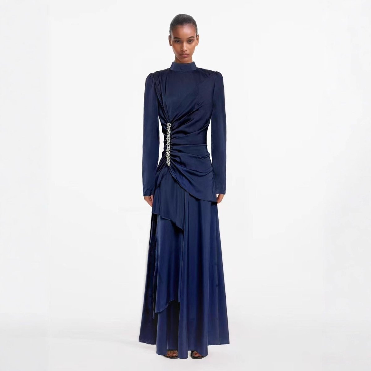 Crystal Ruched Dress – Asymmetric Ruffle Skirt Formal Dress