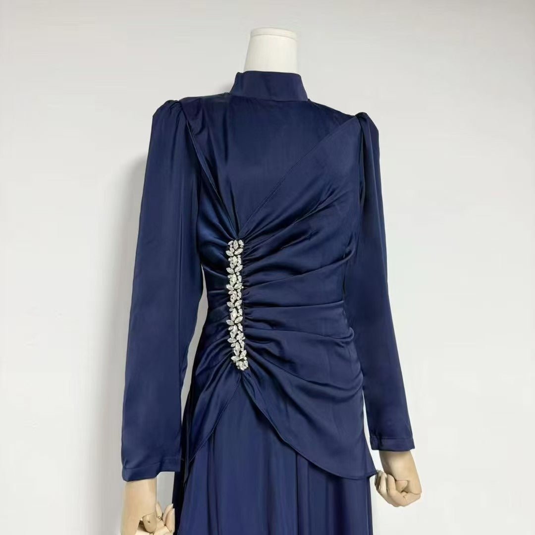 Crystal-embellished formal dress in chocolate brown satin
