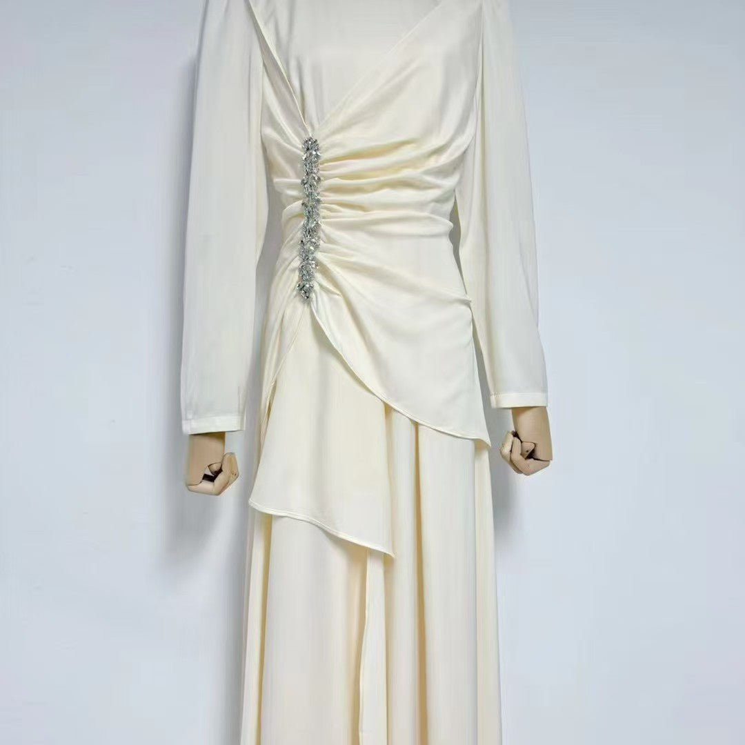 Full skirt movement of tiered ruffle satin maxi dress in motion
