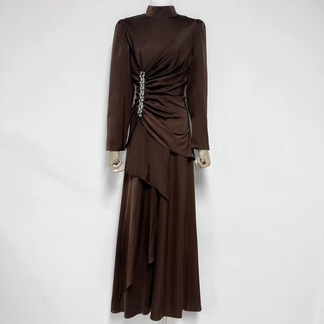 Draped ruffle skirt movement captured in full-length formal dress