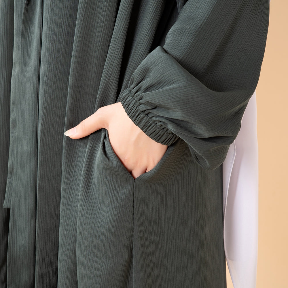 NIDA ZOOM Textured Abaya Set | 3-Piece Modest Dress with Pockets & Belt(MOA239)