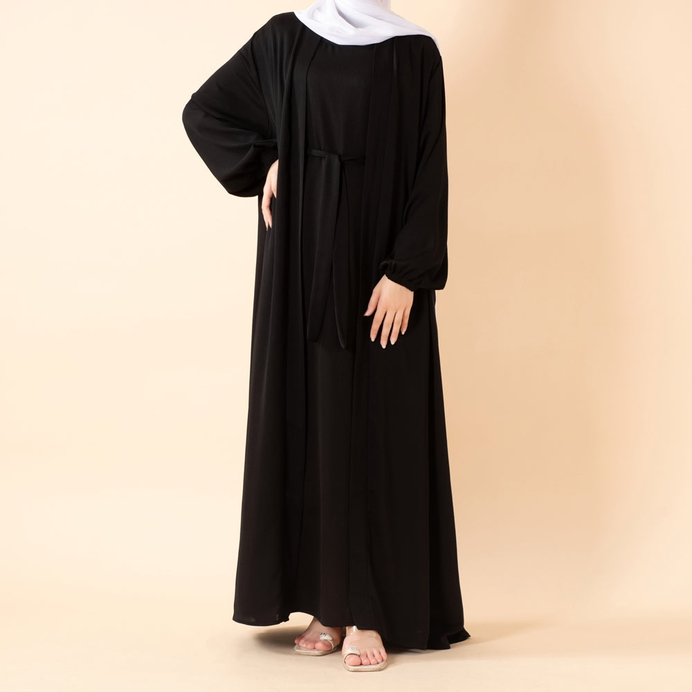 NIDA ZOOM Textured Abaya Set | 3-Piece Modest Dress with Pockets & Belt(MOA239)