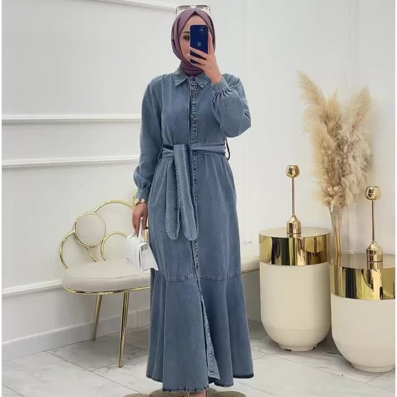 Denim Shirt Dress Abaya – Belted Tiered Abaya Maxi