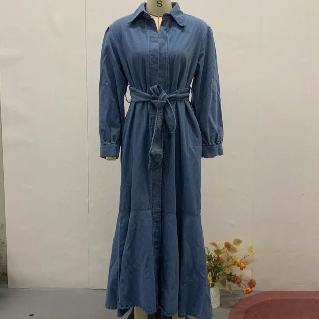 Denim Shirt Dress Abaya – Belted Tiered Abaya Maxi