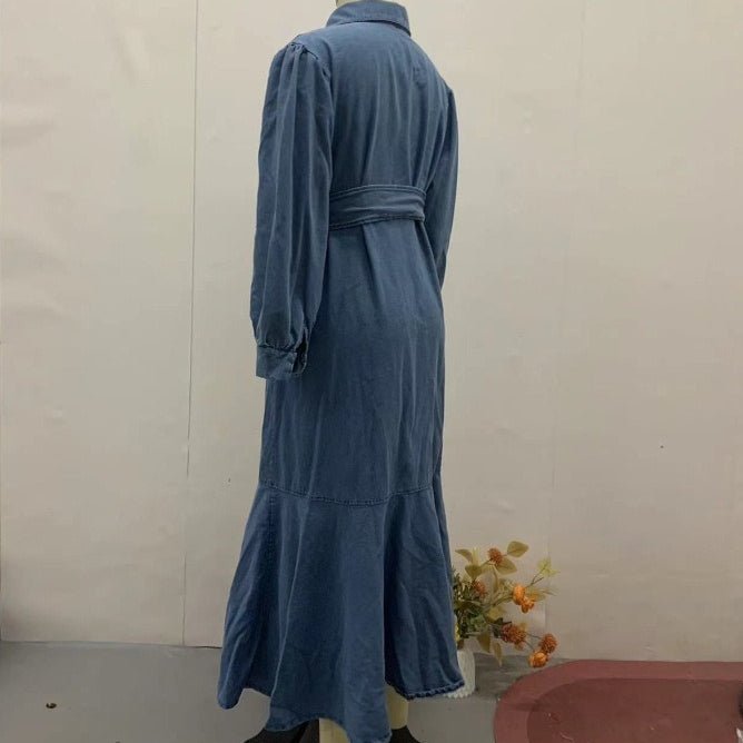 Tiered ruffle skirt detail on the dusty blue denim maxi dress