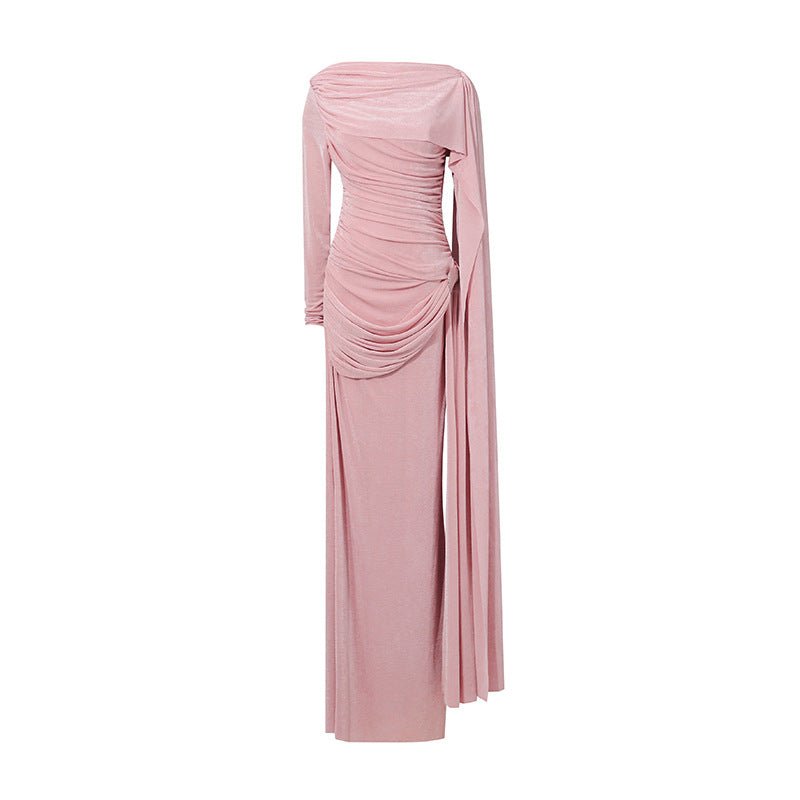 Diagonal Ruched Cape Gown | Asymmetric Draped Long Sleeve Maxi Dress(MS222) - Mariam's Collection