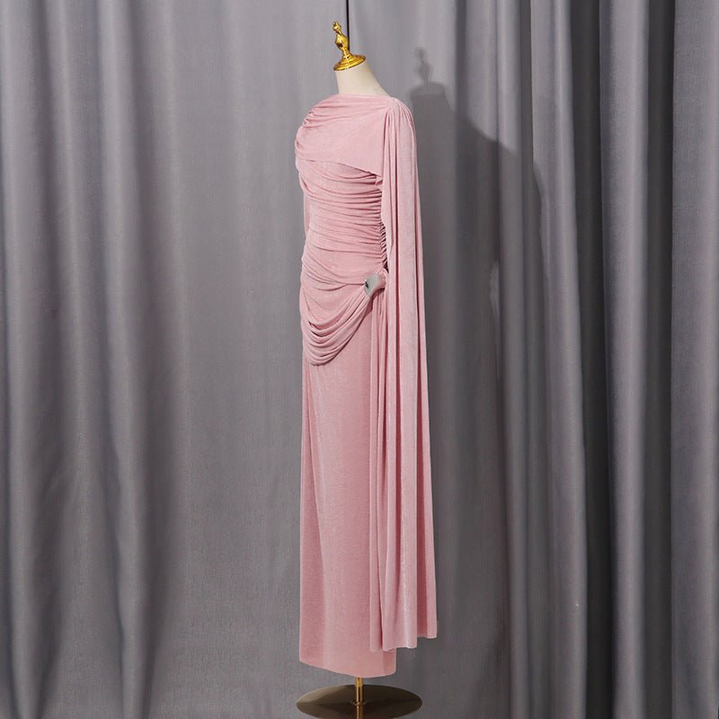 Diagonal Ruched Cape Gown | Asymmetric Draped Long Sleeve Maxi Dress(MS222) - Mariam's Collection