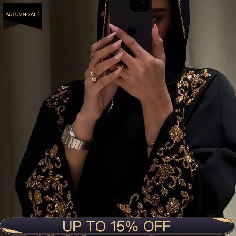 Black Banquet Dress Abaya Set | Embroidered Diamond Elegance 3-Piece Abaya with Hijab