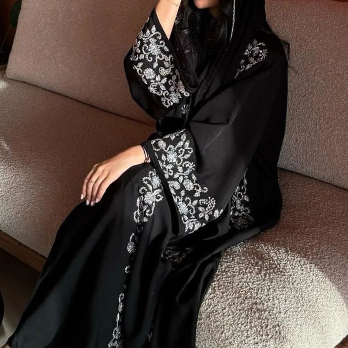 Black Banquet Dress Abaya Set | Embroidered Diamond Elegance 3-Piece Abaya with Hijab