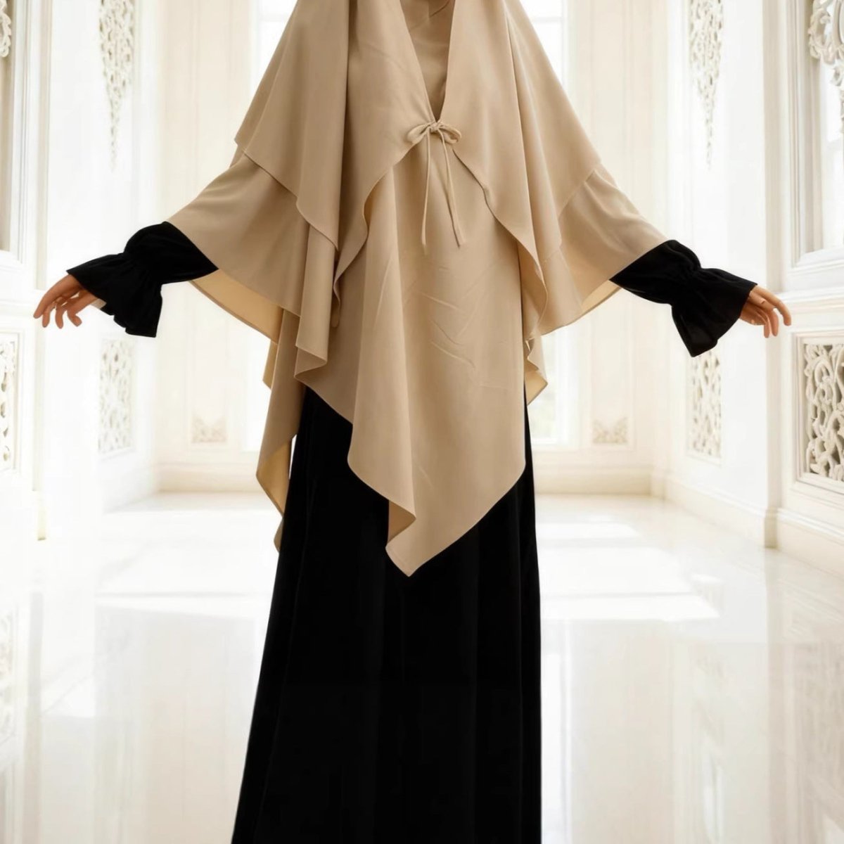 Front view of double layer tie-front khimar showing adjustable drawstring closure