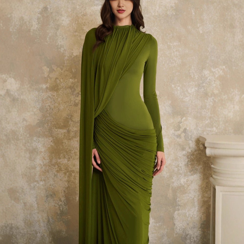 Draped Jersey Gown with Flowing Panel – Olive Green Abaya