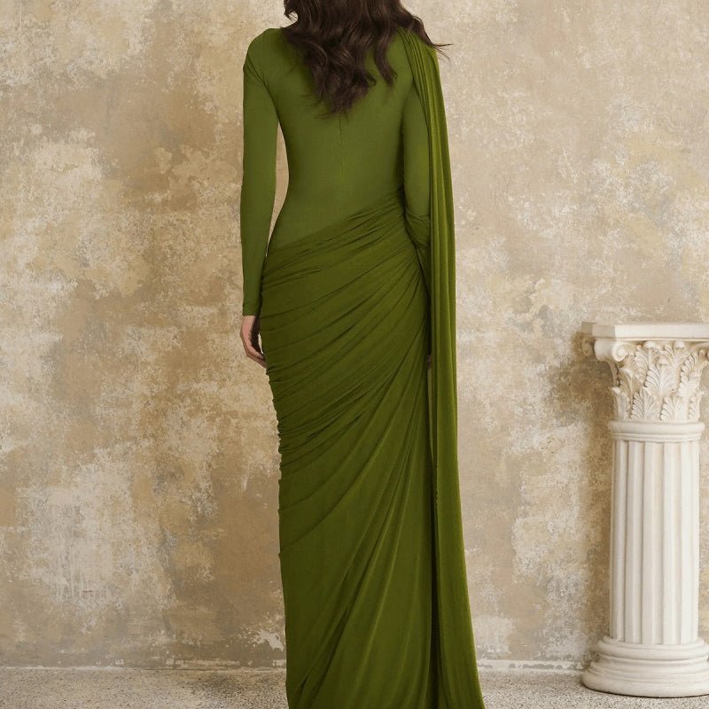 Close-up of asymmetric ruched bodice and cascading drape panel on olive green jersey gown