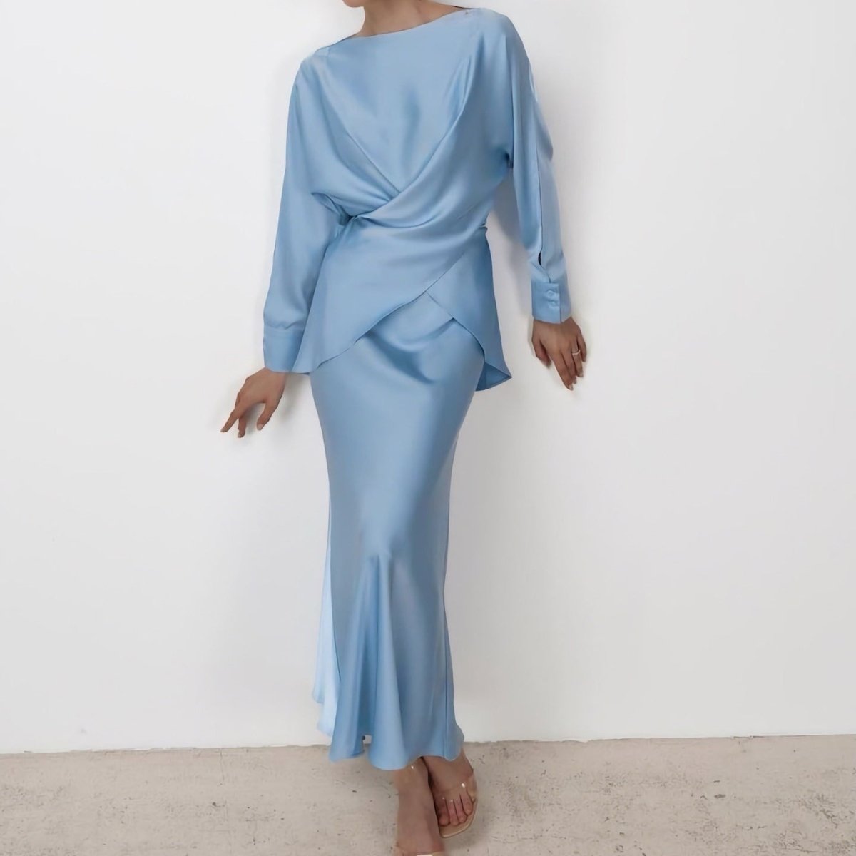 Coordinated two-piece set styled for wedding guest look