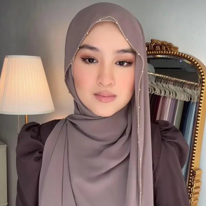 Elegance Solid Color Chiffon Hijab with Metallic Chain Trim (MH138) - Mariam's Collection