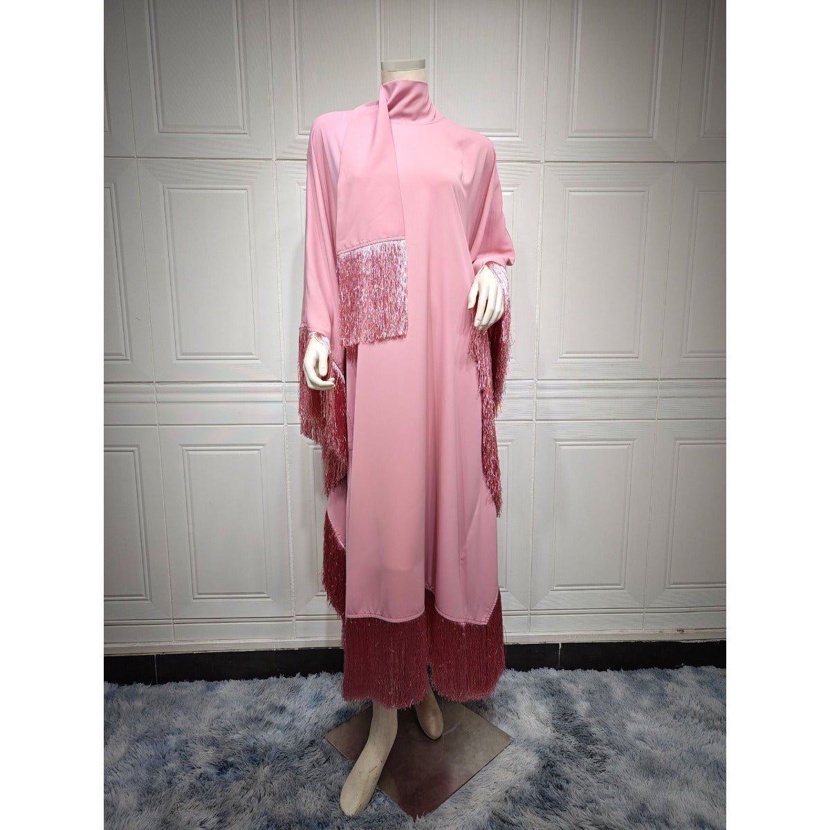 Elegant Bat Sleeve Tassel Kaftan | Party Dress with Flowy Fringe Details