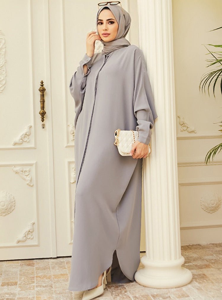 Elegant Batwing Sleeve Maxi Dress with Hidden Button Front | Adjustable Cuff Design(MA316) - Mariam's Collection