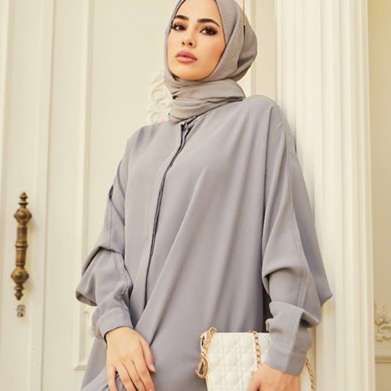Elegant Batwing Sleeve Maxi Dress with Hidden Button Front | Adjustable Cuff Design(MA316) - Mariam's Collection