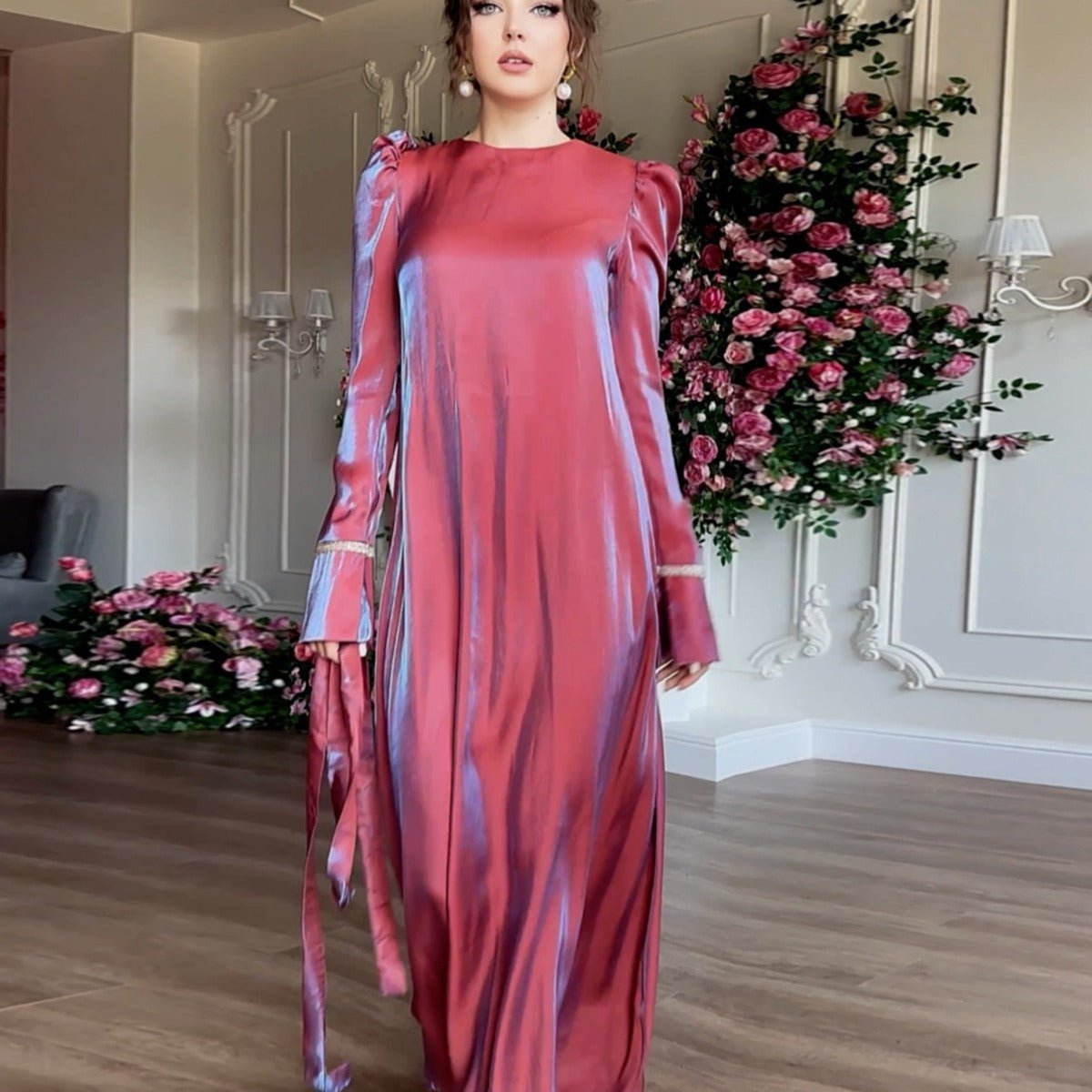 Elegant Burgundy Glitter Satin Long Sleeve Ball Gown with Flared Cuffs. (MA223) - Mariam's Collection