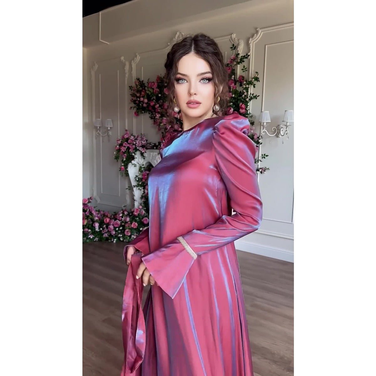 Elegant Burgundy Glitter Satin Long Sleeve Ball Gown with Flared Cuffs. (MA223) - Mariam's Collection