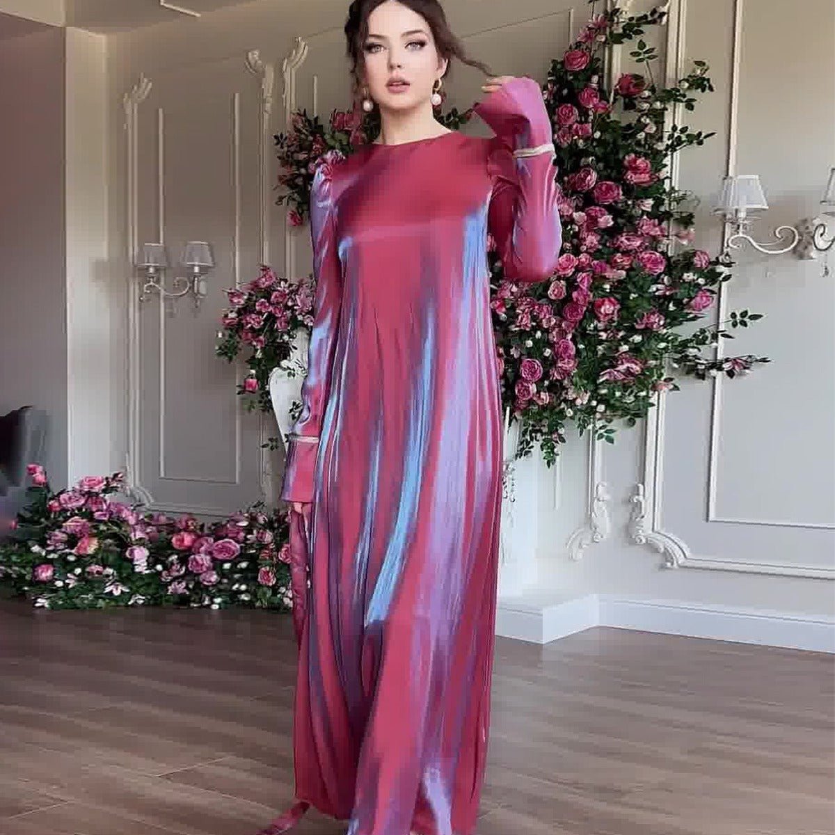 Elegant Burgundy Glitter Satin Long Sleeve Ball Gown with Flared Cuffs. (MA223) - Mariam's Collection