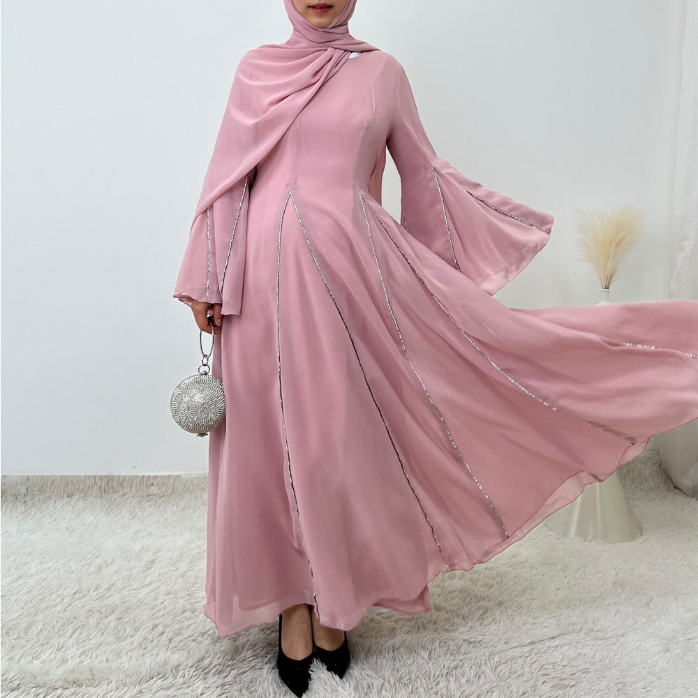 Elegant Chiffon Abaya Set with Hijab | Round Neck Bell Sleeve Maxi Dress with Rhinestone Trim(MA325) - Mariam's Collection