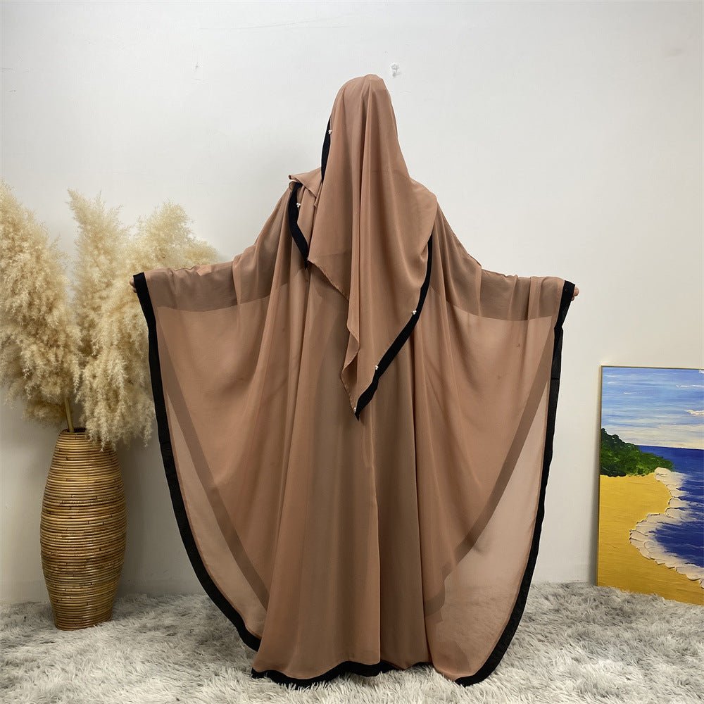Elegant Chiffon Batwing Sleeve Abaya Pearl - Embellished Loose Muslim Robe with Contrast Trim. (MA183) - Mariam's Collection