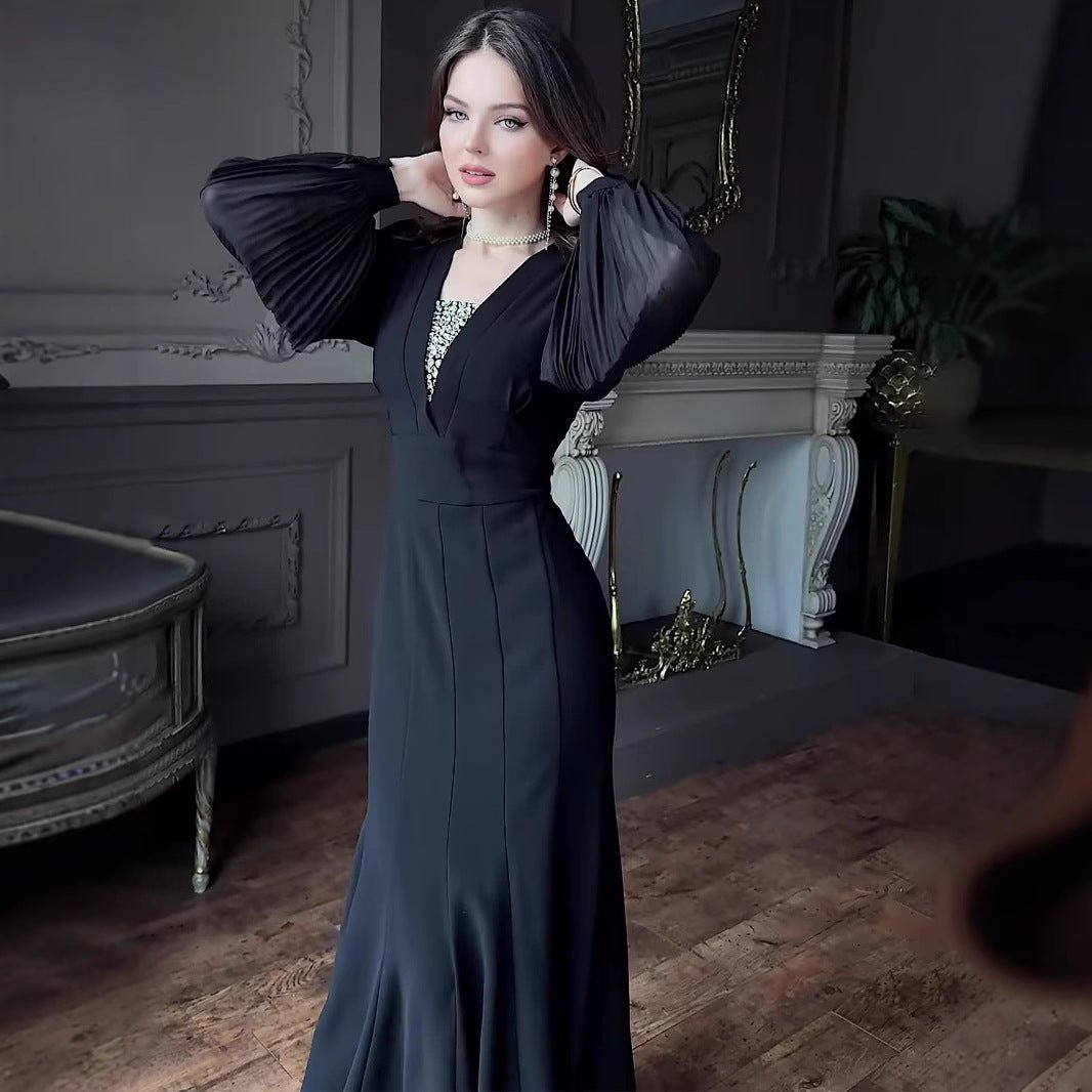 Back view of empire waist satin formal dress showing concealed zipper closure