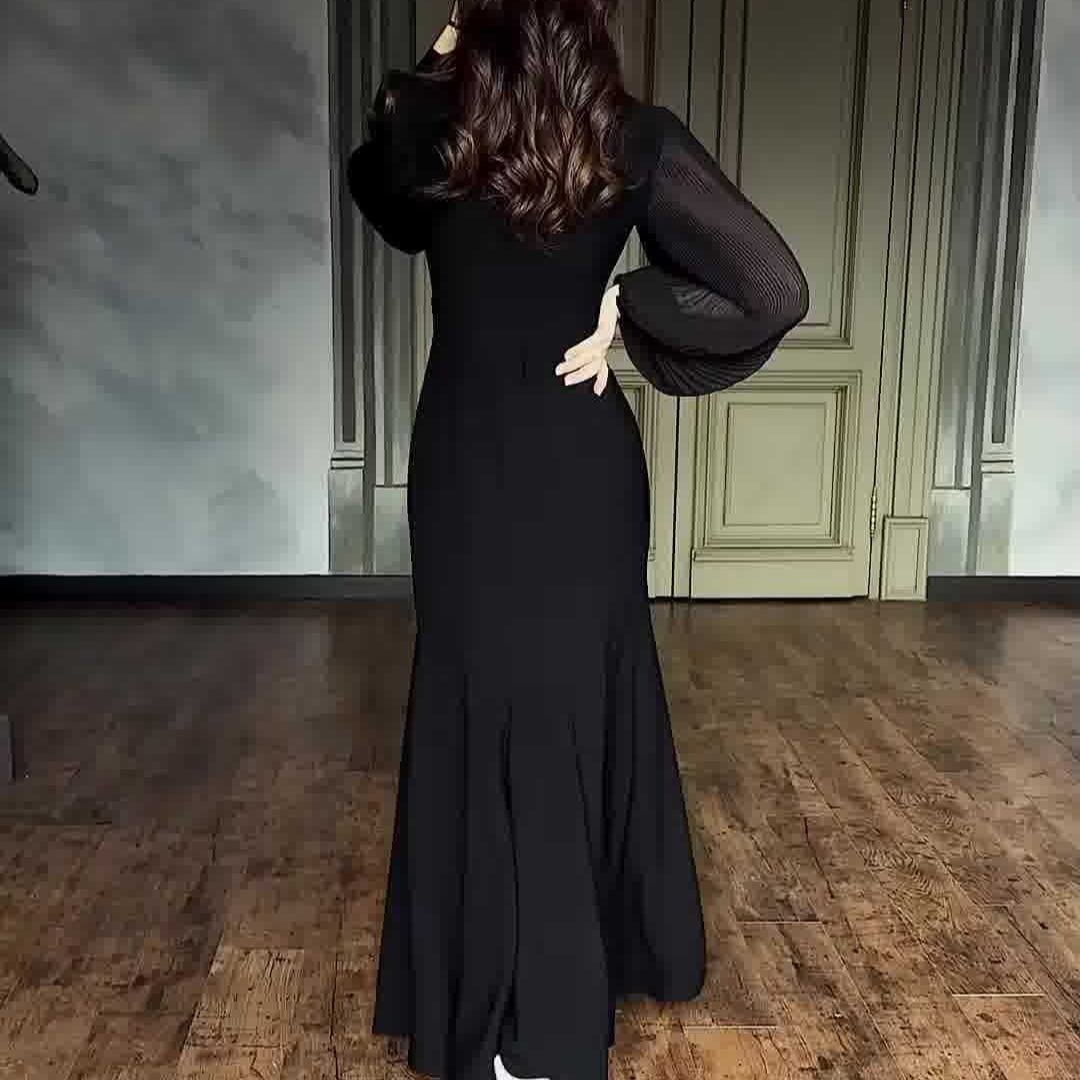 Elegant satin party dress styled for a formal wedding or evening event