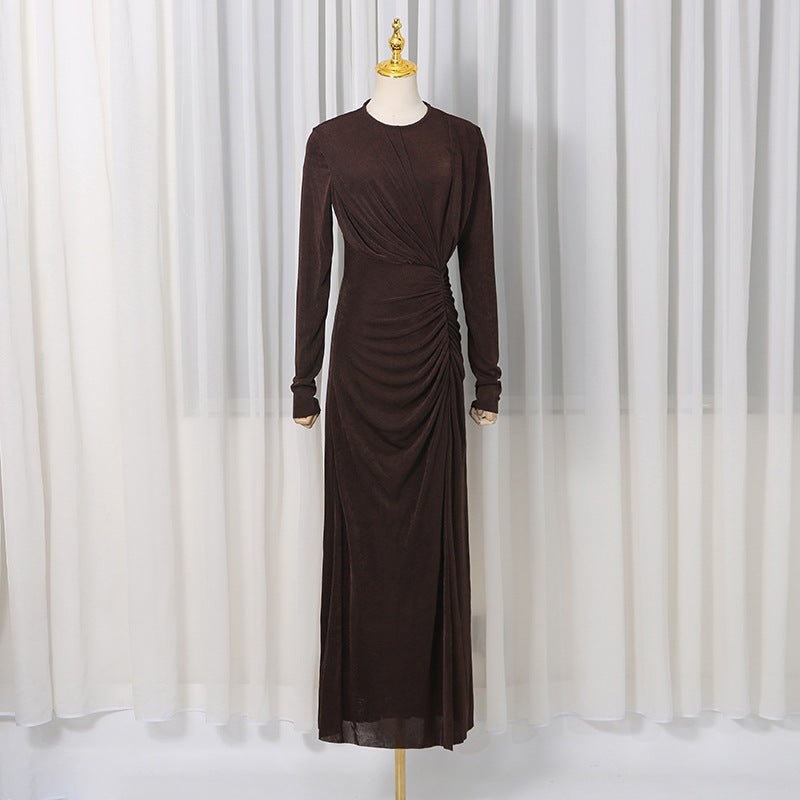 Front view of ruched diagonal pleat abaya gown showing chest pleating detail