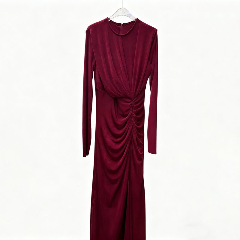 Side profile of long sleeve formal abaya dress highlighting waist ruching silhouette